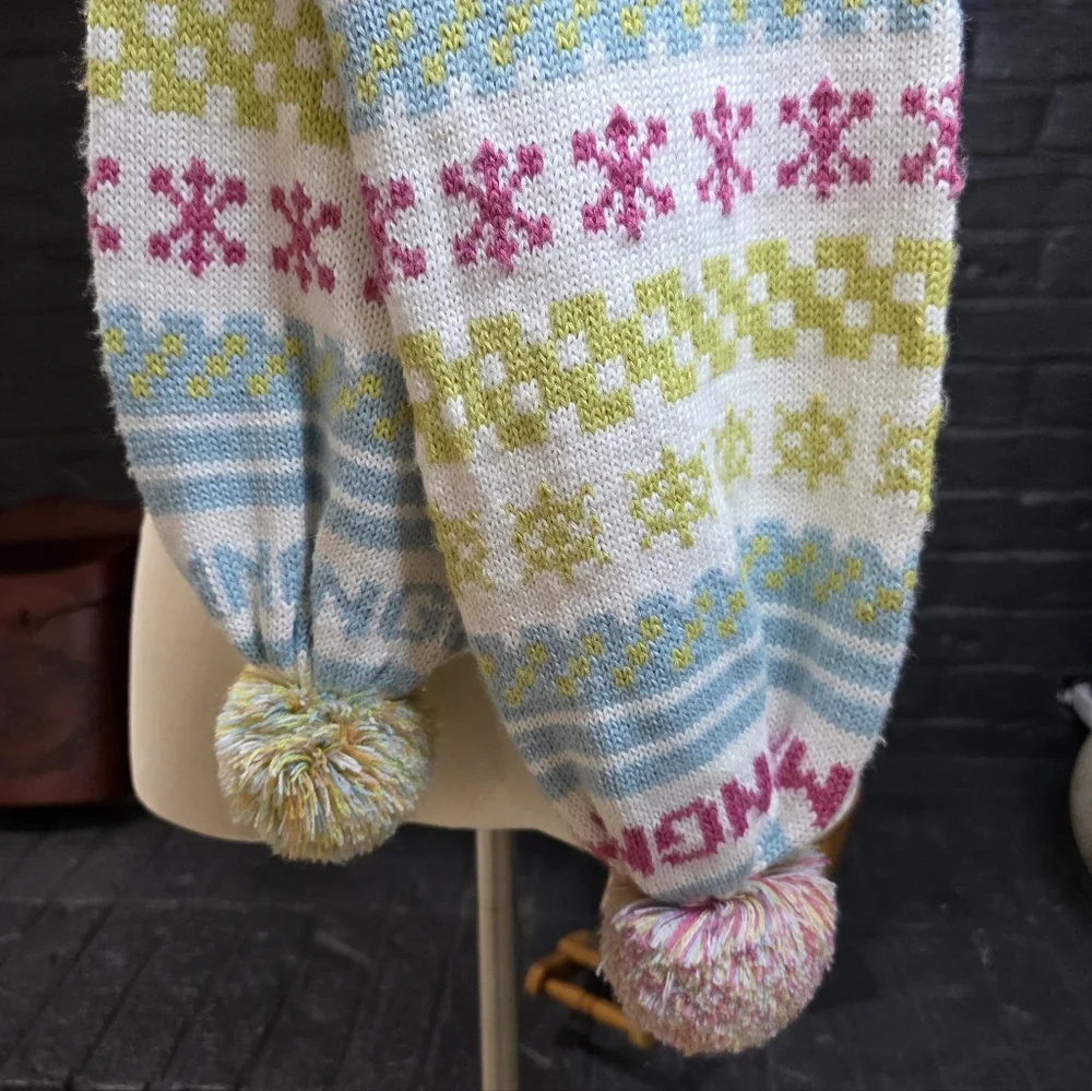 BY MNG Knit Scarf Pom Pom Snowflakes Fair Isle Pink Blue Green Nordic